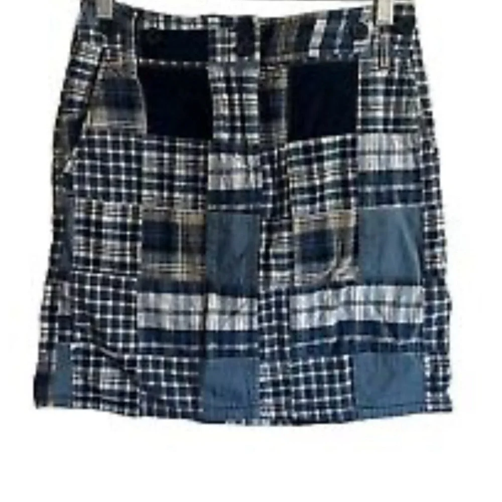 LOFT Patchwork Skirt Women Sz 12 Blue Madras Lined Zipper Button Pockets Preppy - Picture 2 of 10